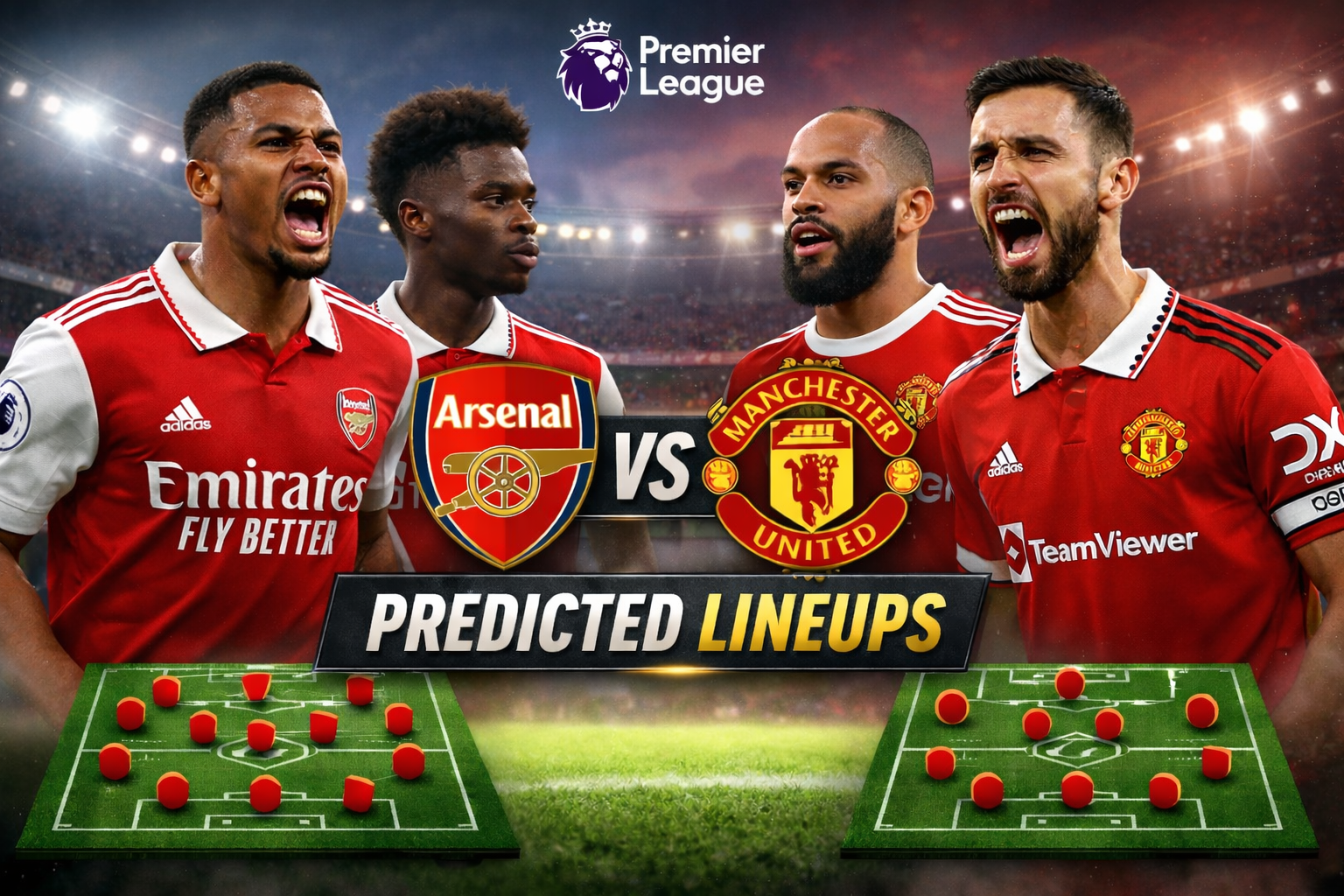 Arsenal vs Man United Predicted Lineups. Image Credits:- Buildlineup.com.